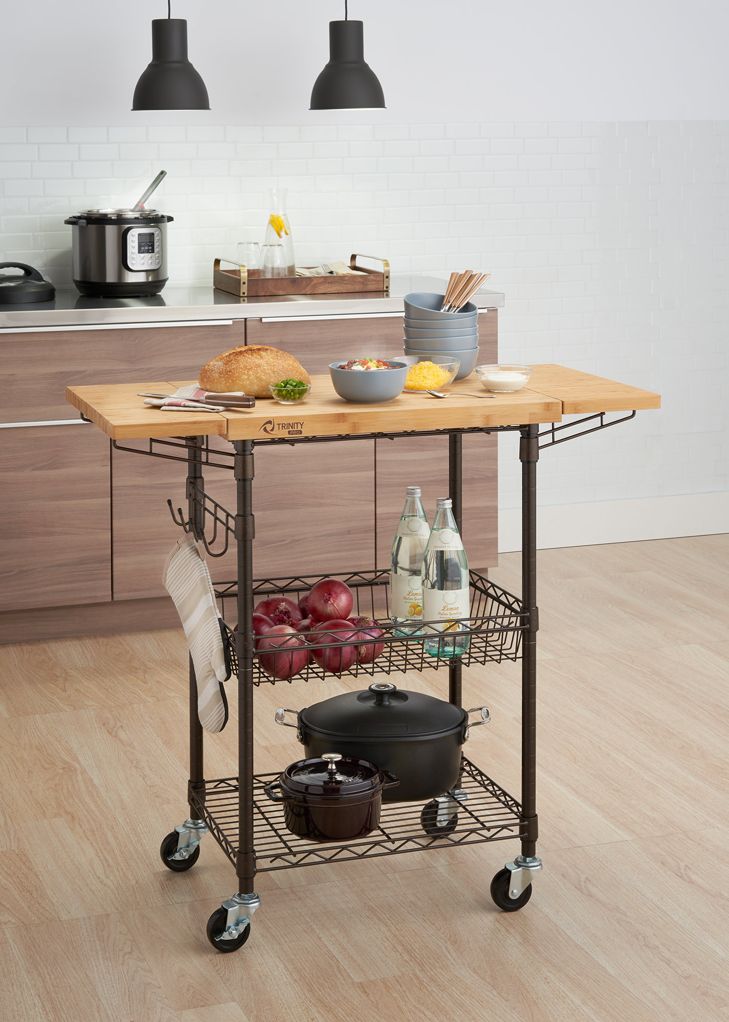 Trinity 39" Steel Kitchen Cart with Expandable Solid Wood Top and